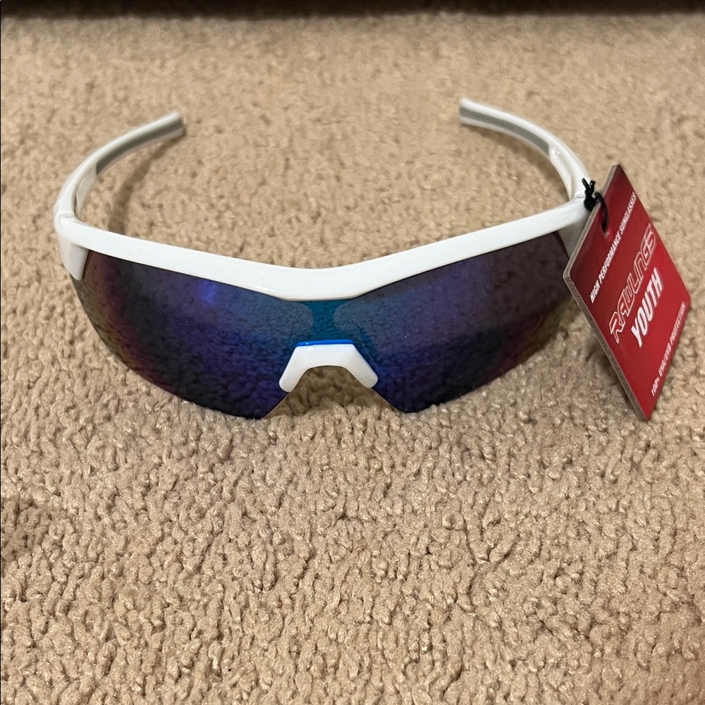 New Rawlings RY134 Youth Baseball Shielded Sunglasses white blue mirror lenses